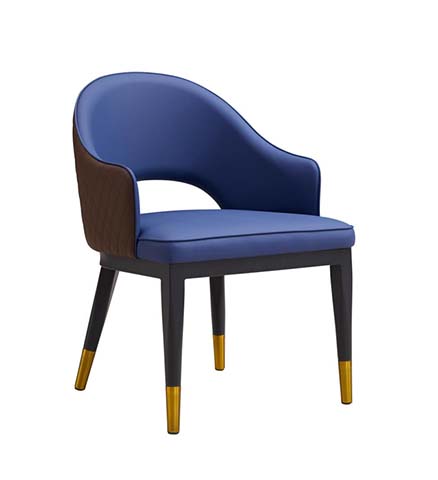 Modern Navy Upholstered Dining Armchair with Walnut Back Accent and Brass Ferrules