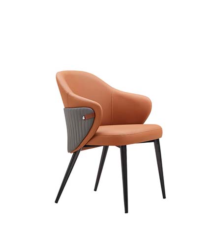 Cognac Faux Leather Upholstered Arm Dining Chair with Fluted Dark Side Accent and Black Metal Legs