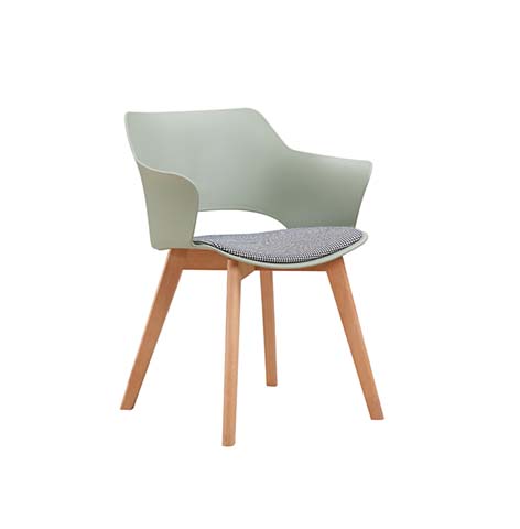 Sage Green Molded Shell Dining Armchair with Upholstered Woven Seat and Splayed Light Wood Legs