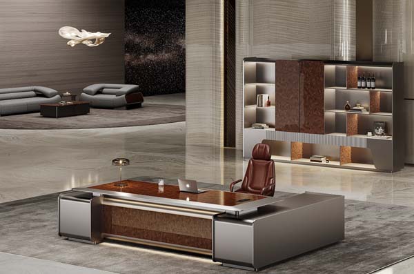 Luxury High-Gloss Burl Veneer L-Shaped Executive Office Desk