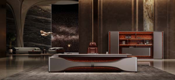 Two-Tone Curved-Front Luxury Executive Desk with Matching Credenza