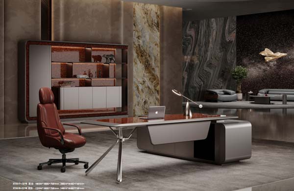 Asymmetrical Wood Veneer Executive Office Desk with Integrated Right Storage Return