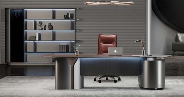 Modern L-Shaped Executive Desk with Wood Top and Metallic Cylindrical Supports