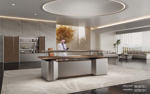 Two-Tier Luxury Executive Desk with Brushed Silver Pedestal and Dark Wood Veneer Top
