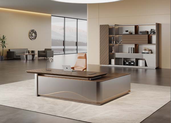 L-Shaped Curved Executive Office Desk with Walnut Top and Matte Gray Base