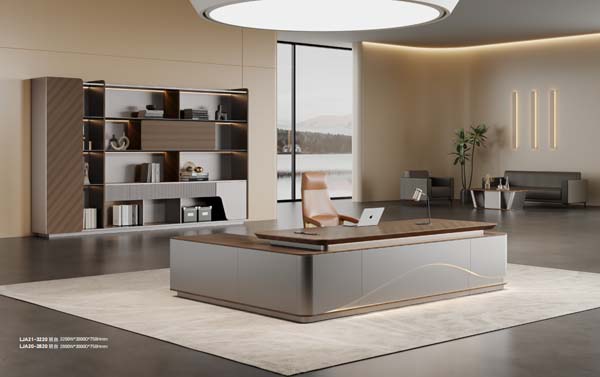 L-Shaped Two-Tone Executive Office Desk with Ambient Base Lighting