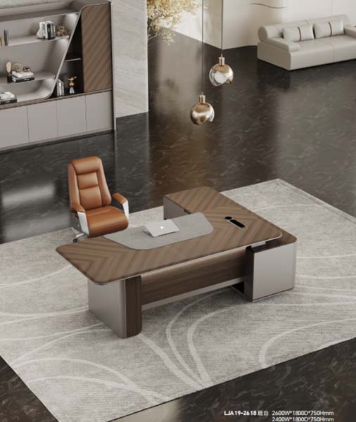 L-Shaped Herringbone Veneer Executive Office Desk