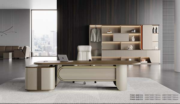 L-Shaped Luxury Executive Office Desk with Matching Office Chair and Rear Storage Credenza