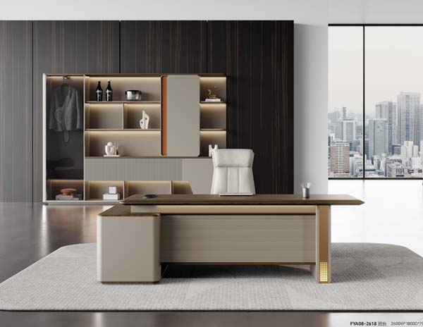 Light Luxury L-Shaped Executive Office Desk with Left Storage Return and Illuminated Support Leg