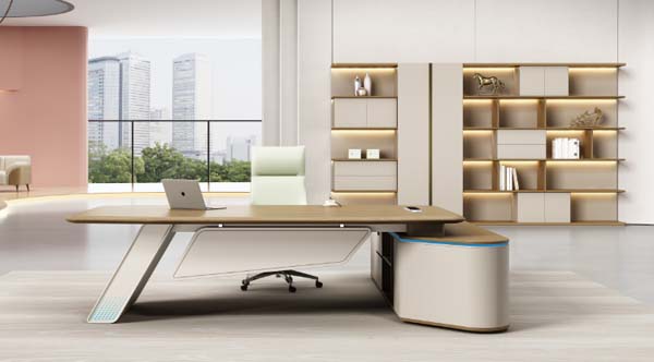 L-Shaped Light Wood Executive Desk with Curved Right Storage Return