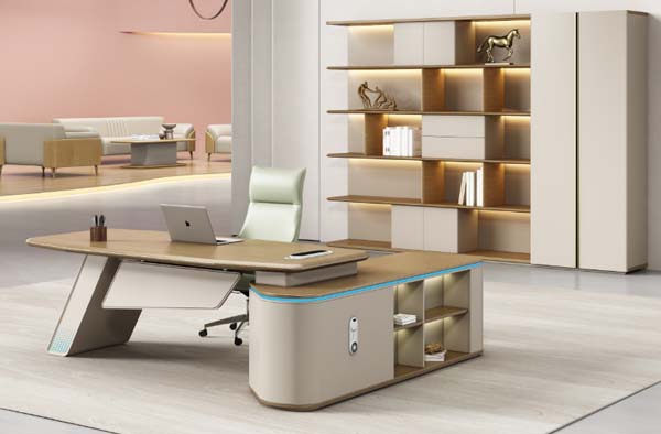 L-Shaped Curved Executive Office Desk with LED Accent Trim and Integrated Storage Return