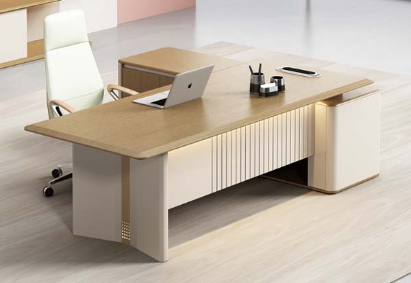 Two-Tone Light Oak Off-White L-Shaped Executive Office Desk with Fluted Modesty Panel and LED Strip