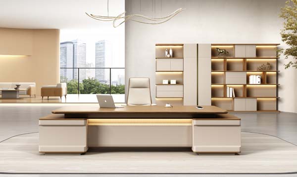 Modern Two-Tone L-Shaped Double Pedestal Executive Desk with Integrated LED Accent Lighting