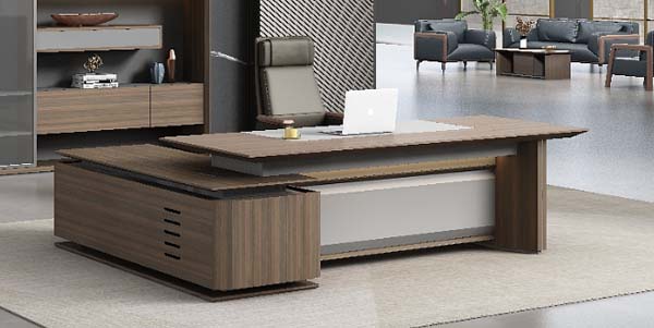 Two-Tone Walnut L-Shaped Executive Office Desk with Left Return Storage Cabinet