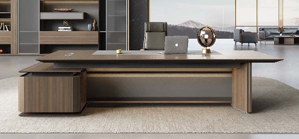 L-Shaped Walnut-Grain Executive Office Desk with Integrated Left Return Storage and Bronze Trim