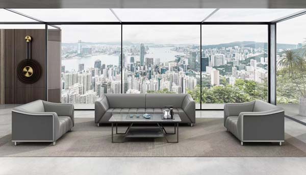 Grey Leather Office Reception 3+1+1 Sofa Set with Matching Two-Tier Coffee Table