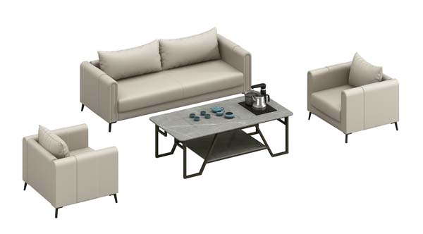 4-Piece Light Beige Faux Leather Office Reception Tea Sofa Set with Marble-Top Integrated Tea Table