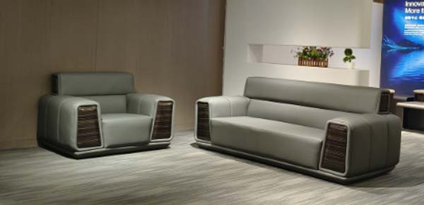 3+1 Seater Executive Office Reception Sofa Set, Grey Upholstered with Dark Wood Arm Inlays, Plinth Base
