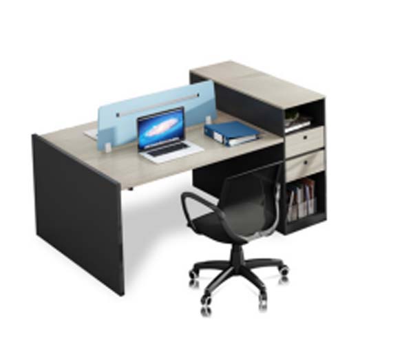 2-Person L-Shaped Office Workstation Desk with Integrated Privacy Divider and Attached Storage Return