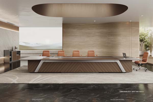 Large Rectangular High-End Boardroom Conference Table with Chevron Wood Base