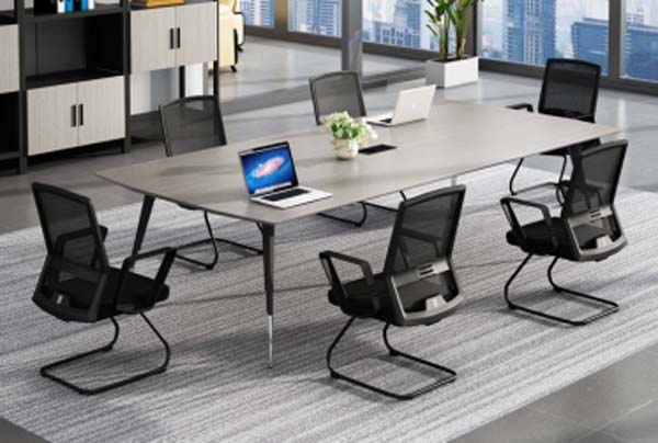 Light Grey Rectangular 8-Person Conference Table with Metal Splayed Legs