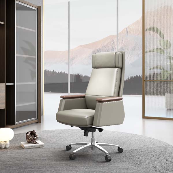 Light Gray High-Back Executive Office Chair with Wood Arm Caps