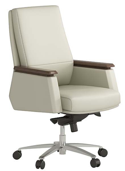 High-Back Beige Faux Leather Executive Office Chair with Dark Wood Armrests
