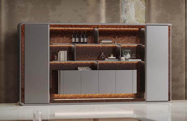 Matte Gray Burl Wood LED Illuminated Wine Display Sideboard