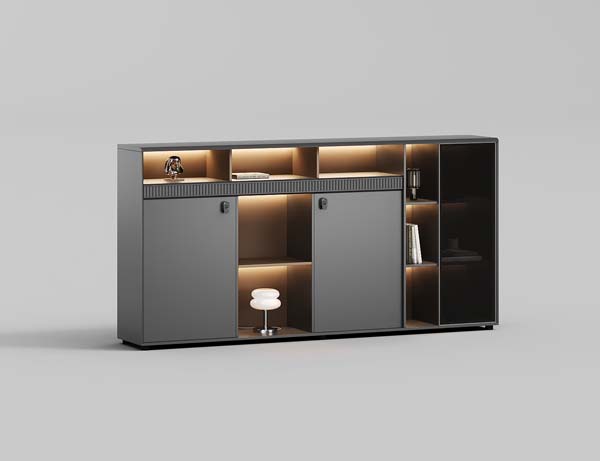 Modern LED-Lit Lockable Office Storage Credenza with Glass Display Section
