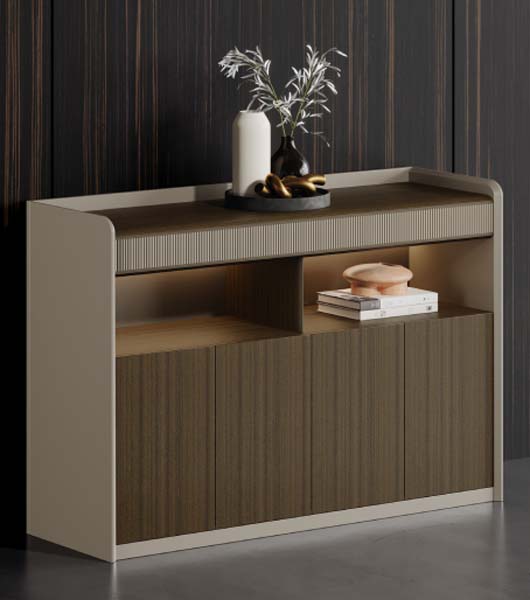 Modern Two-Tone Fluted 3-Door Sideboard Storage Cabinet with LED Lit Open Display Shelf and Raised Gallery Top