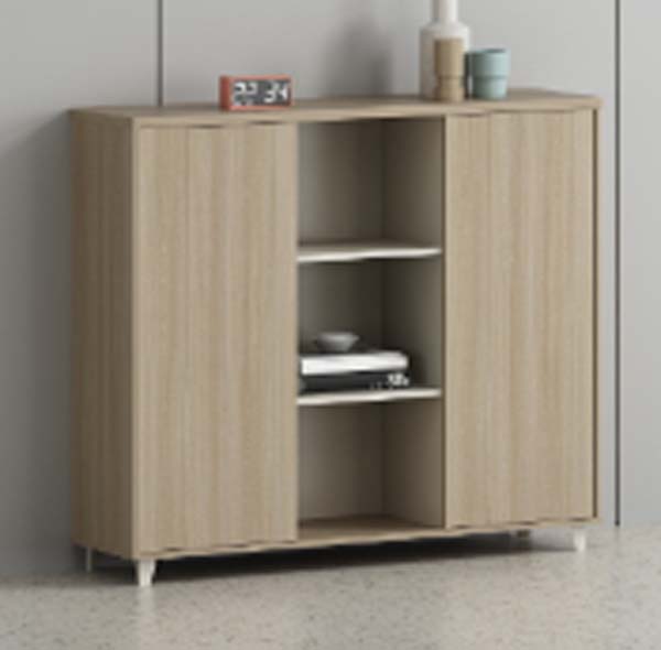 Light Oak Fluted 3-Bay Storage Sideboard with Central Open Shelves