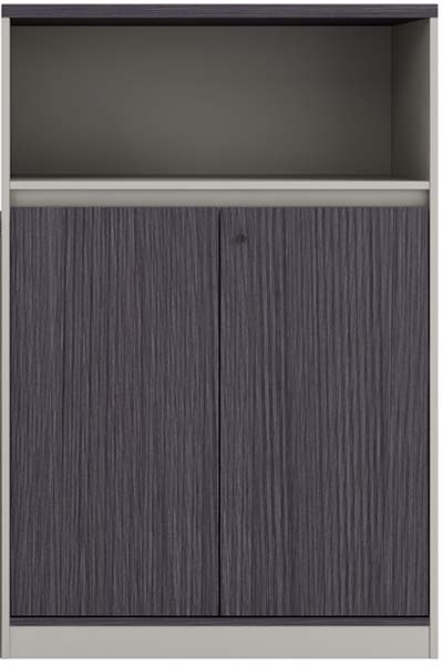 Two-Tone Tall Floor-Standing Storage Cabinet with Upper Open Shelf and Fluted Sliding Lower Doors