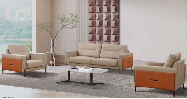 Modern Beige Upholstered 4-Piece Living Room Set with Integrated Orange Arm Storage and Round Glass Coffee Table