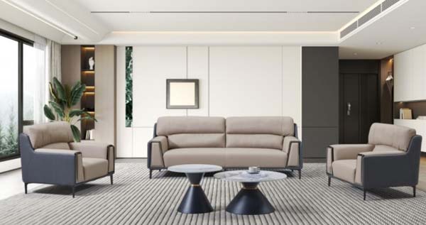 Modern Two-Tone Upholstered 3+1+1 Living Room Seating Set with Nested Round Coffee Tables
