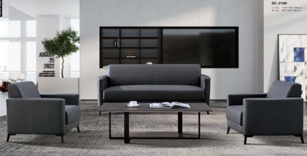 3+1+1 Commercial Office Reception Seating Set with Coffee Table, Dark Faux Leather Upholstery, Black Metal Frame