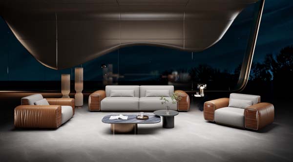 Contemporary Mixed-Material 3-Seat Sofa and Two Armchairs Living Room Set with Marble Coffee Tables