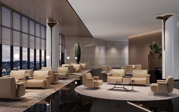 Commercial Executive Lounge Seating Group with Swivel Armchairs, Low Tables and Herringbone Rugs