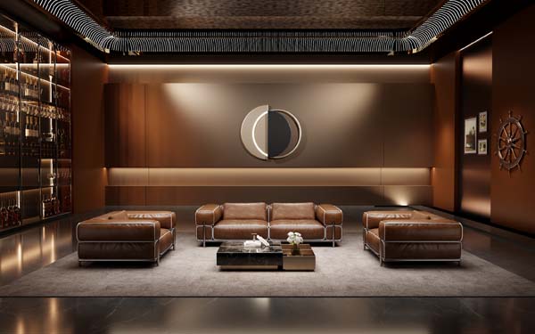 LC3-Style Brown Leather Executive Lounge Seating Set with Coffee Table