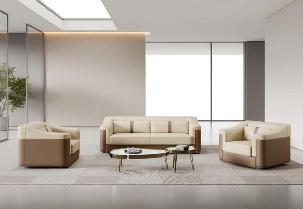 Two-Tone Cream Brown Executive Office Reception Sofa Set 1+1+3 with Matching Coffee Tables