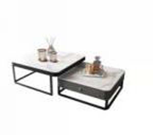 Two-Piece Square Nesting Coffee Table Set with Light Sintered Stone Top and Black Metal Frame