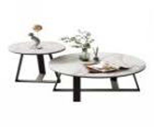 2-Piece Nested Round Coffee Table Set with Marble-Effect Top and Black Metal Frame