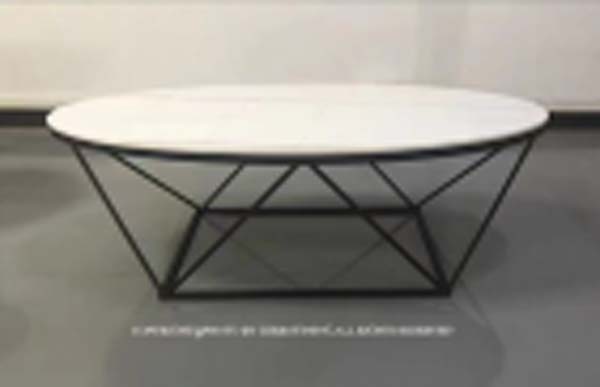 Modern Round Coffee Table with White Top and Black Geometric Wireframe Base