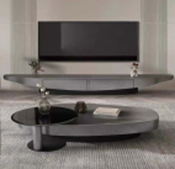 Matte Gray Oval Low-Profile TV Media Console with Matching Oval Coffee Table