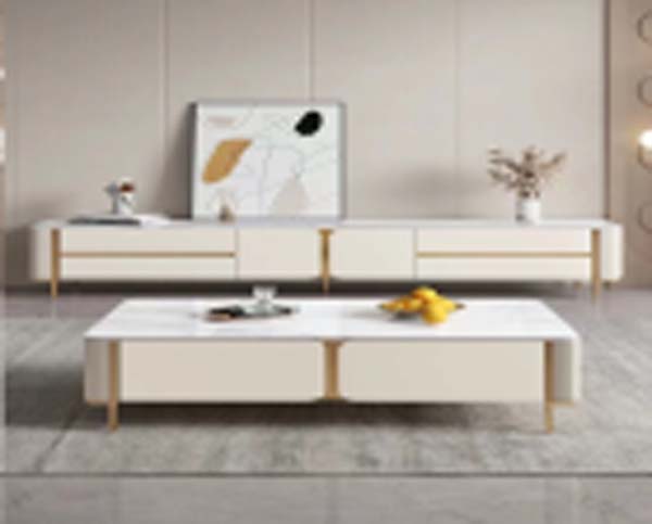 Cream White Gold-Accent Matching TV Stand and Coffee Table Living Room Set