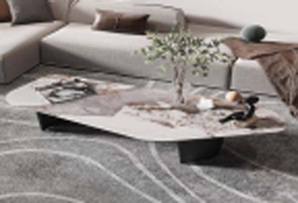 Organic Irregular Veined Stone Top Low Coffee Table with Black Block Base