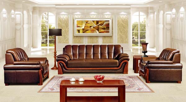 Brown Leather 1+1+3 Formal Seating Sofa Set with Solid Wood Trim