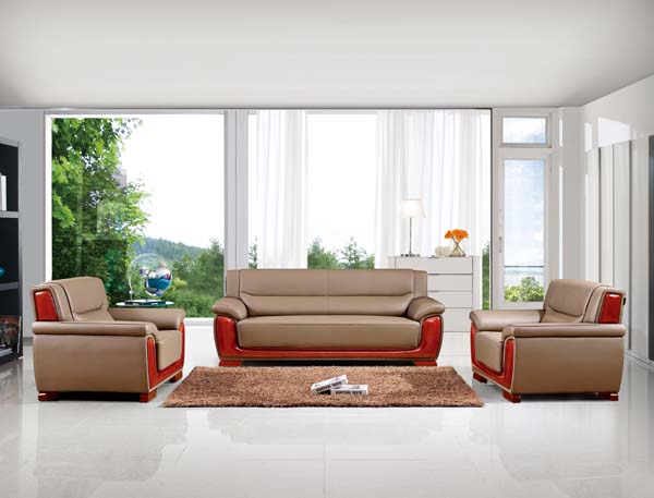 Tan Upholstered 3+1+1 Living Room Seating Set with Glossy Red Wood Trim
