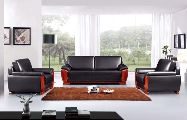 3+1+1 Executive Reception Black Leather Office Sofa Set with Polished Wood Trim