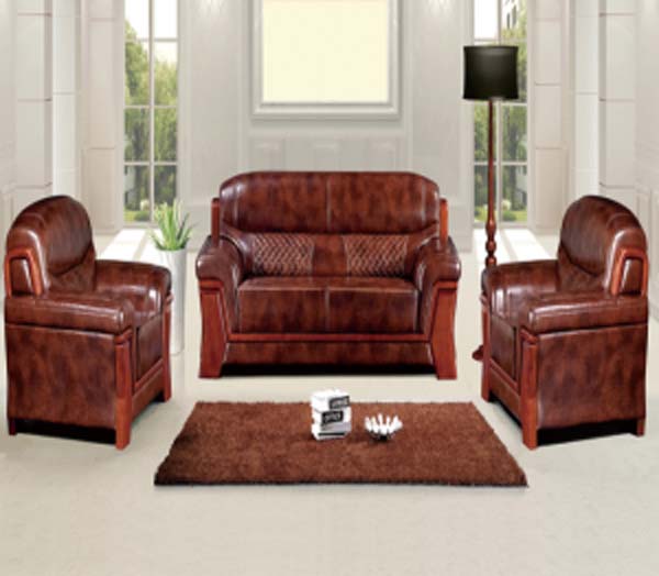 3-Piece Brown Leather and Solid Wood Reception Sofa Set (1 Loveseat + 2 Armchairs)