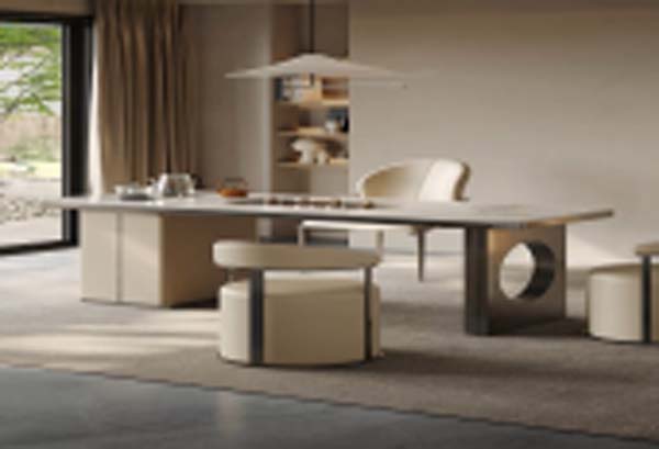 Modern Rectangular Dining Table with Upholstered Side Base and Metal Accent Leg